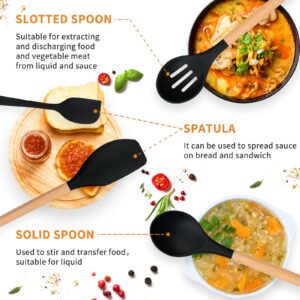 Black Kitchen Utensils Set-12 Pieces Silicone Cooking Utensils Set with Wooden Handle (Dishwasher Safe) 392°F Heat Resistant Spatula Set, Nonstick Cookware,Best Kitchen