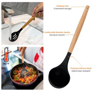 Black Kitchen Utensils Set-12 Pieces Silicone Cooking Utensils Set with Wooden Handle (Dishwasher Safe) 392°F Heat Resistant Spatula Set, Nonstick Cookware,Best Kitchen