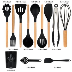 Black Kitchen Utensils Set-12 Pieces Silicone Cooking Utensils Set with Wooden Handle (Dishwasher Safe) 392°F Heat Resistant Spatula Set, Nonstick Cookware,Best Kitchen