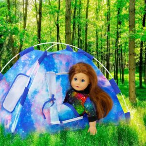 Srua Don 18 Inch Dolls Accessories Camping Tent and Hammock Set - Including Doll Camping Tent, Sleeping Bag, Hammock Bed, Toy Camera, Doll Backpack, Toy Dog, 6 Items Fits 18" Dolls