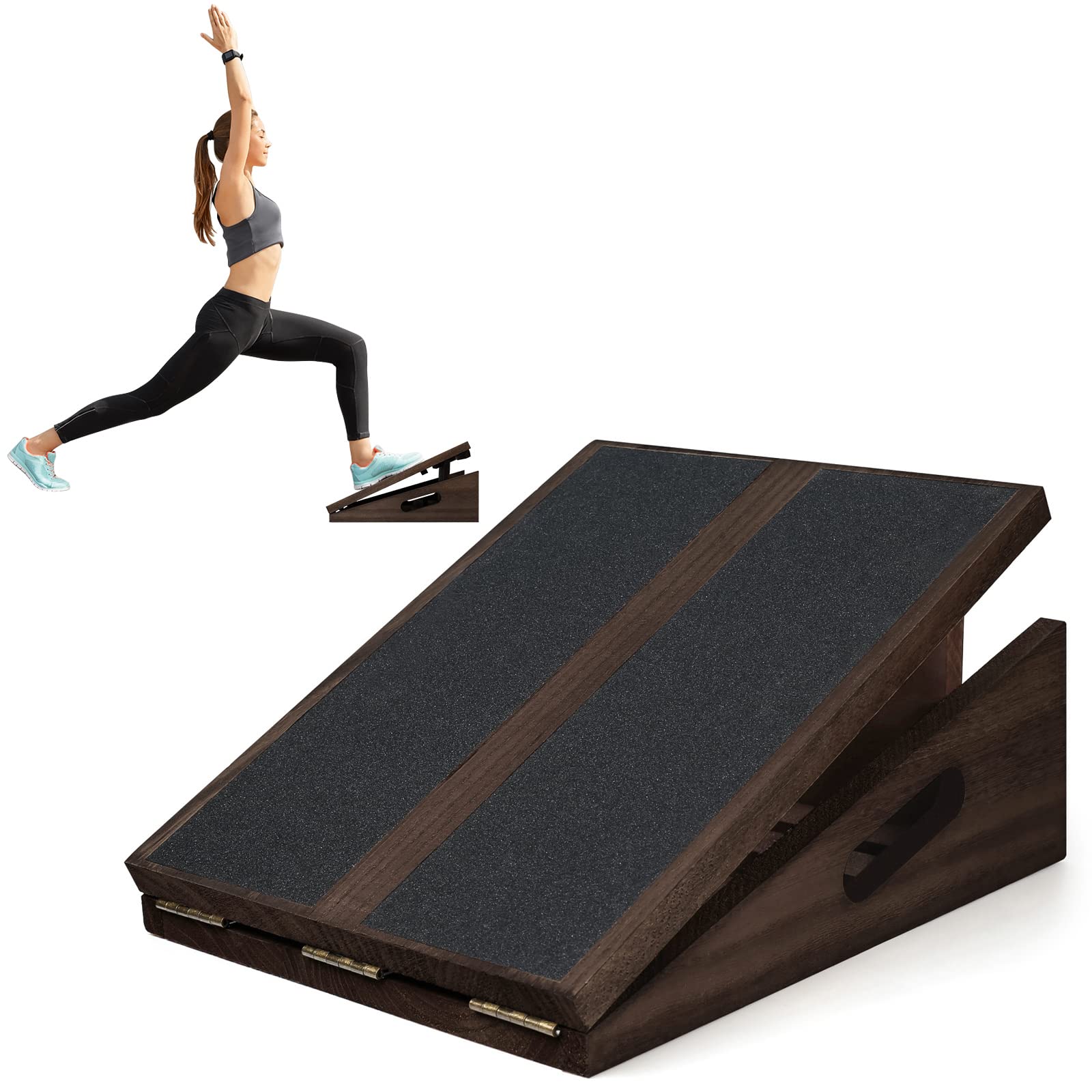 Professional Slant Board Calf Stretcher: Adjustable Incline Stretch Squat Wedge, Posture Board Wooden Physical Therapy Equipment, Non Slip Achilles Stretcher with Extra Side Handle - Walnut Color