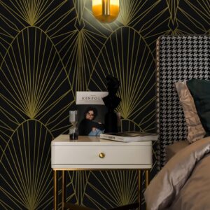 Yasinet Peel and Stick Wallpaper Black and Gold Wallpaper for Bathroom Removable Black Contact Paper Black Geometric Self Adhesive Wallpaper Decorative for Wall Cabinet 17.3”x118.7”