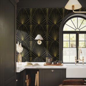 Yasinet Peel and Stick Wallpaper Black and Gold Wallpaper for Bathroom Removable Black Contact Paper Black Geometric Self Adhesive Wallpaper Decorative for Wall Cabinet 17.3”x118.7”