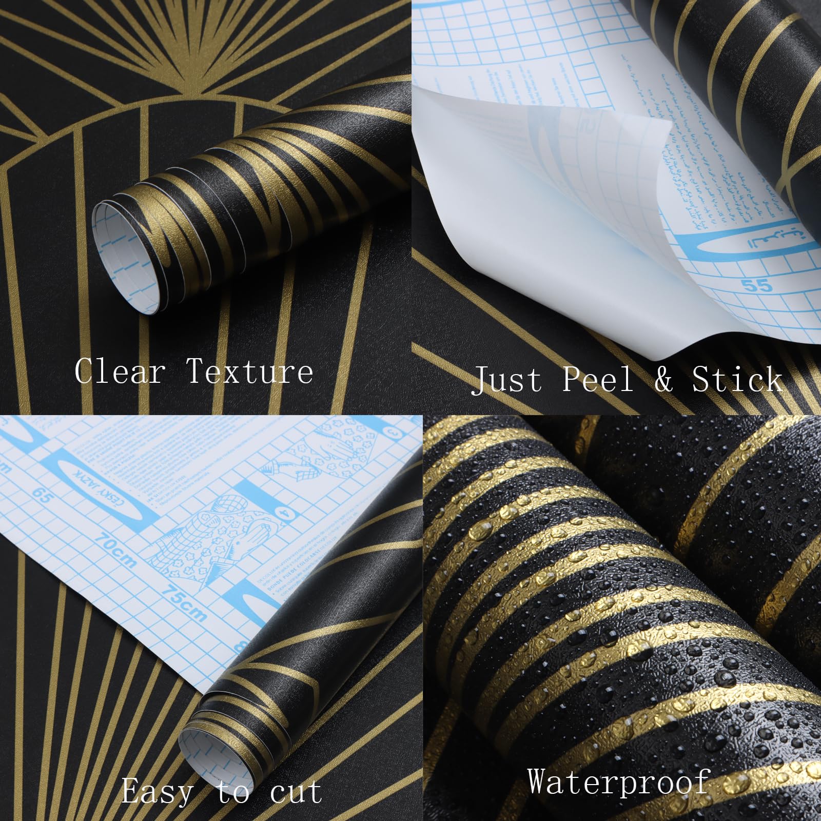 Yasinet Peel and Stick Wallpaper Black and Gold Wallpaper for Bathroom Removable Black Contact Paper Black Geometric Self Adhesive Wallpaper Decorative for Wall Cabinet 17.3”x118.7”