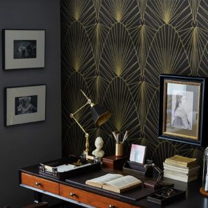 Yasinet Peel and Stick Wallpaper Black and Gold Wallpaper for Bathroom Removable Black Contact Paper Black Geometric Self Adhesive Wallpaper Decorative for Wall Cabinet 17.3”x118.7”