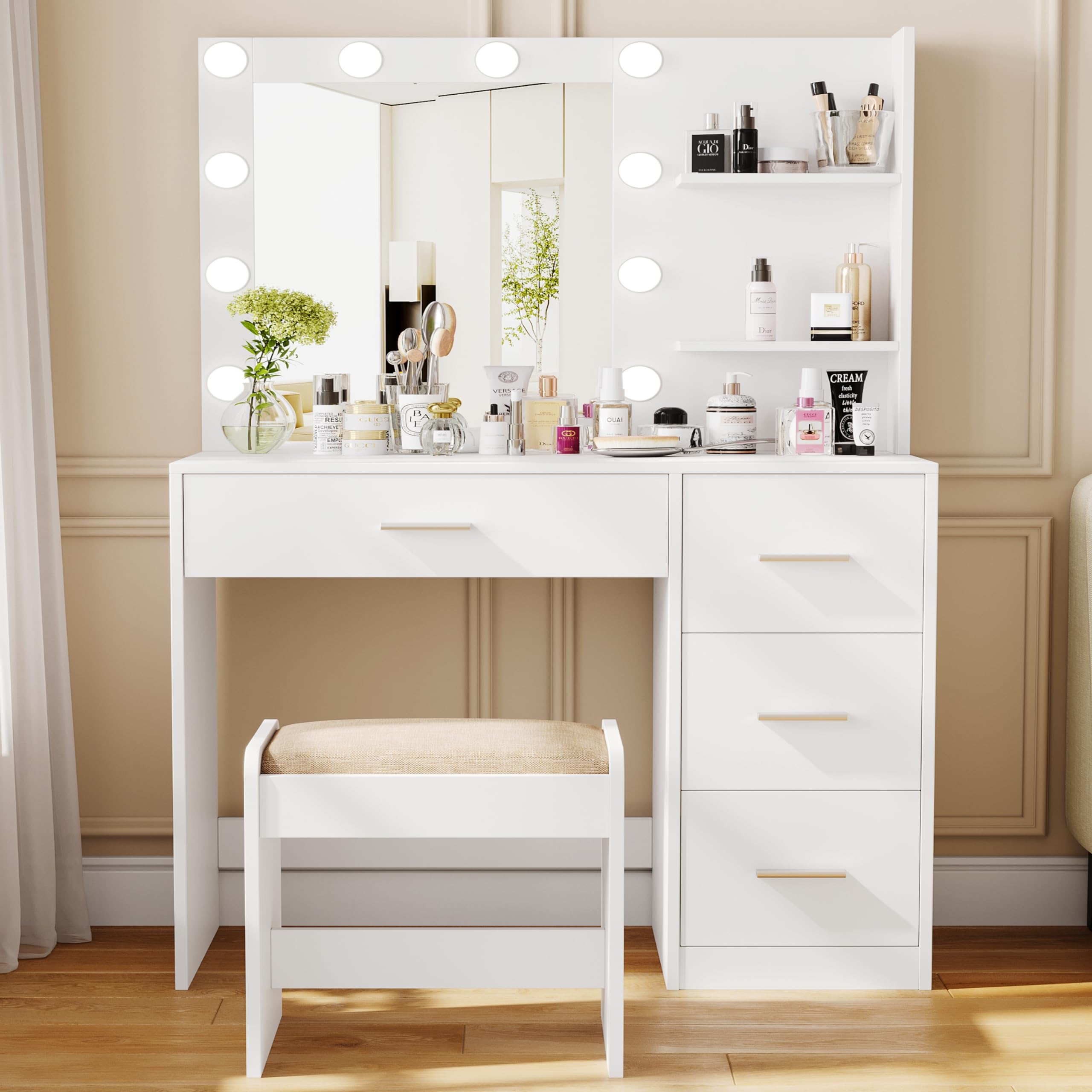 Rovaurx Makeup Vanity Table Set with Lighted Mirror, Makeup Vanity with Storage Shelf and 4 Drawers, Bedroom Dressing Table, Cushioned Stool & 10 LED Lights, White RSZT104WD