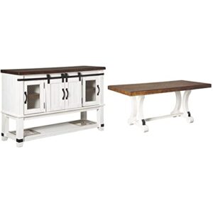 signature design by ashley valebeck farmhouse -dining room server or buffet, white & brown & valebeck farmhouse rectangular extension dining table, fits up to 8, white & brown