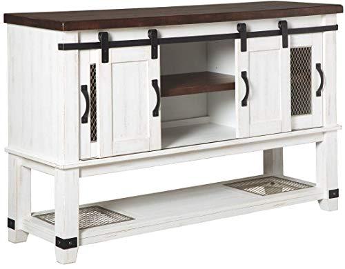 Signature Design by Ashley Valebeck Farmhouse -Dining Room Server or Buffet, White & Brown & Valebeck Farmhouse Rectangular Extension Dining Table, Fits up to 8, White & Brown