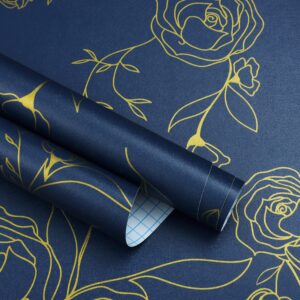 118"x17.3" Peel and Stick Wallpaper Gold and Blue Contact Paper Dark Blue Wallpaper Removable Wallpaper Floral Contact Paper for Walls Covering Vinyl Rolls