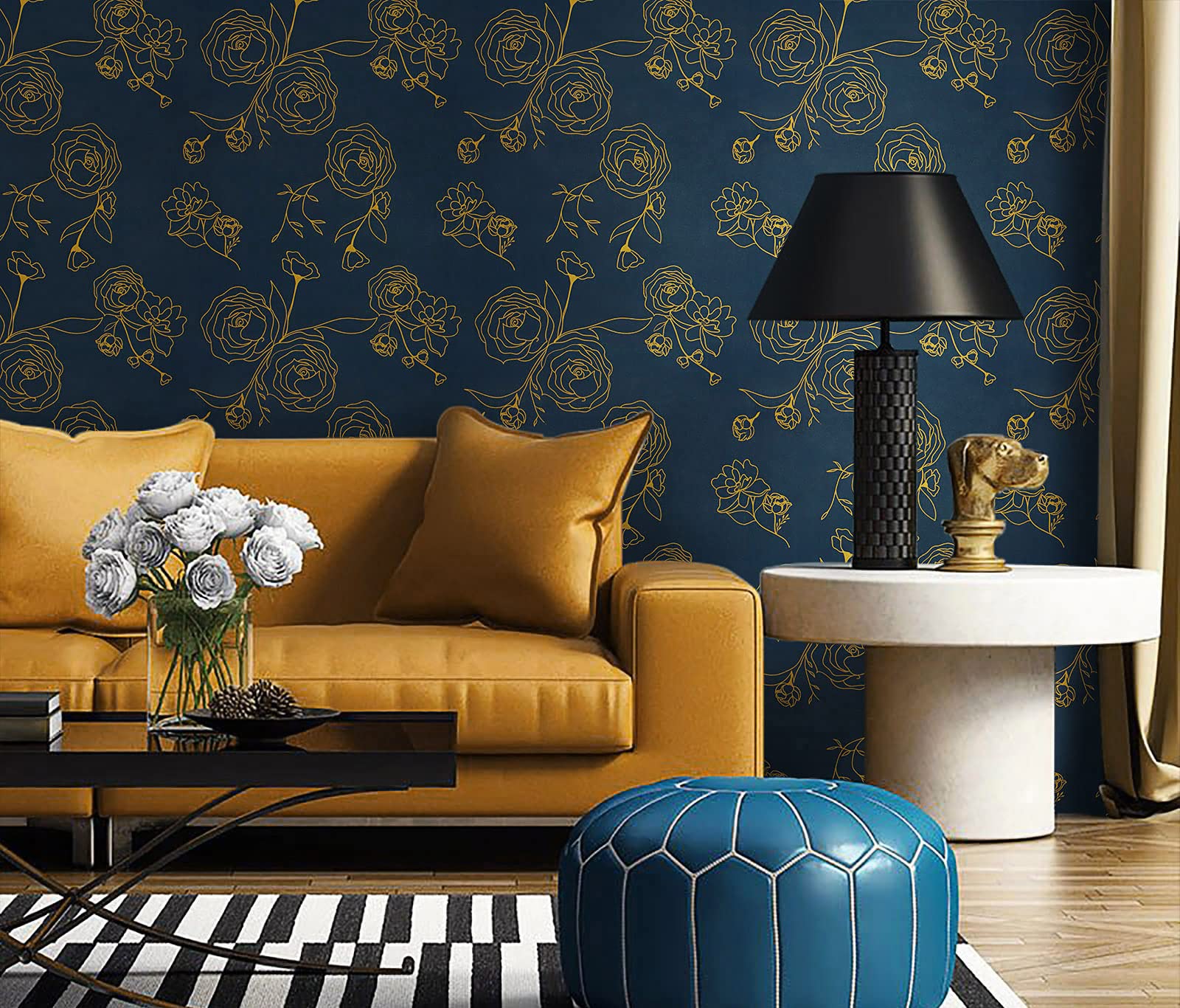 118"x17.3" Peel and Stick Wallpaper Gold and Blue Contact Paper Dark Blue Wallpaper Removable Wallpaper Floral Contact Paper for Walls Covering Vinyl Rolls