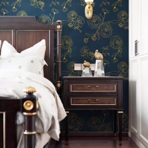 118"x17.3" Peel and Stick Wallpaper Gold and Blue Contact Paper Dark Blue Wallpaper Removable Wallpaper Floral Contact Paper for Walls Covering Vinyl Rolls