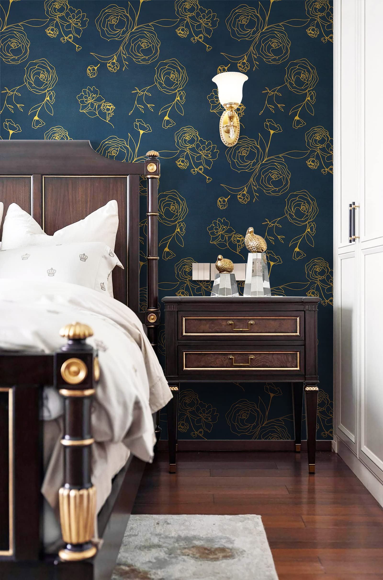 118"x17.3" Peel and Stick Wallpaper Gold and Blue Contact Paper Dark Blue Wallpaper Removable Wallpaper Floral Contact Paper for Walls Covering Vinyl Rolls