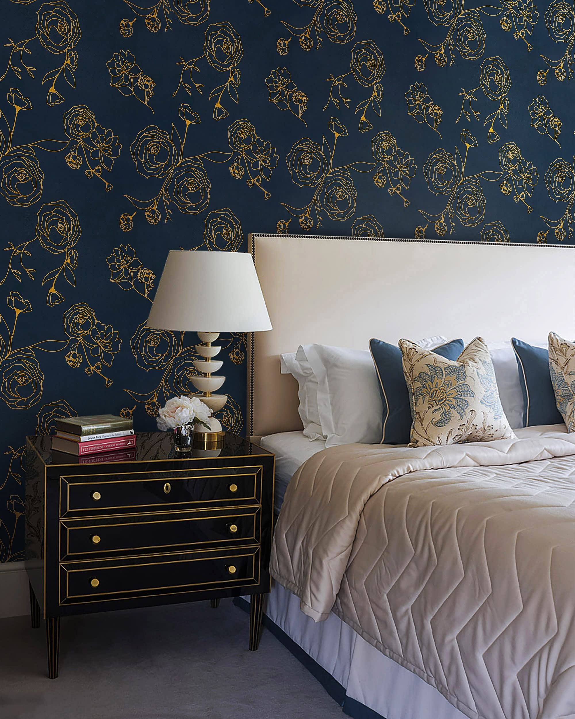 118"x17.3" Peel and Stick Wallpaper Gold and Blue Contact Paper Dark Blue Wallpaper Removable Wallpaper Floral Contact Paper for Walls Covering Vinyl Rolls