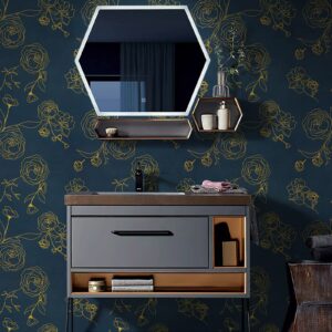 118"x17.3" Peel and Stick Wallpaper Gold and Blue Contact Paper Dark Blue Wallpaper Removable Wallpaper Floral Contact Paper for Walls Covering Vinyl Rolls