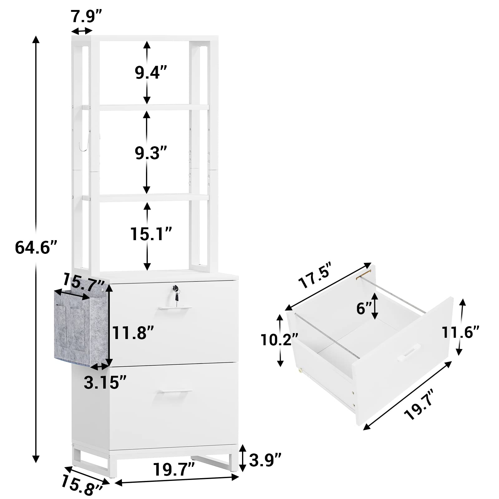 Itaar 2 Drawer File Cabinet, Filing Cabinet with Lock fits Letter, Legal, A4 Size, File Cabinets for Home Office with Storage Bag, Open Shelf and Hook, White