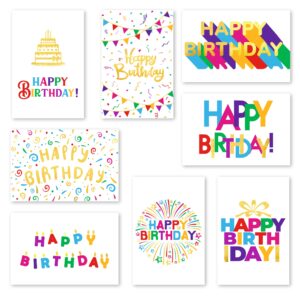120 pack assorted gold foil happy birthday cards with envelopes, organizer box, stickers, and seals - 4x6 inches, 8 unique designs, ideal for kids, men, women, and elderly