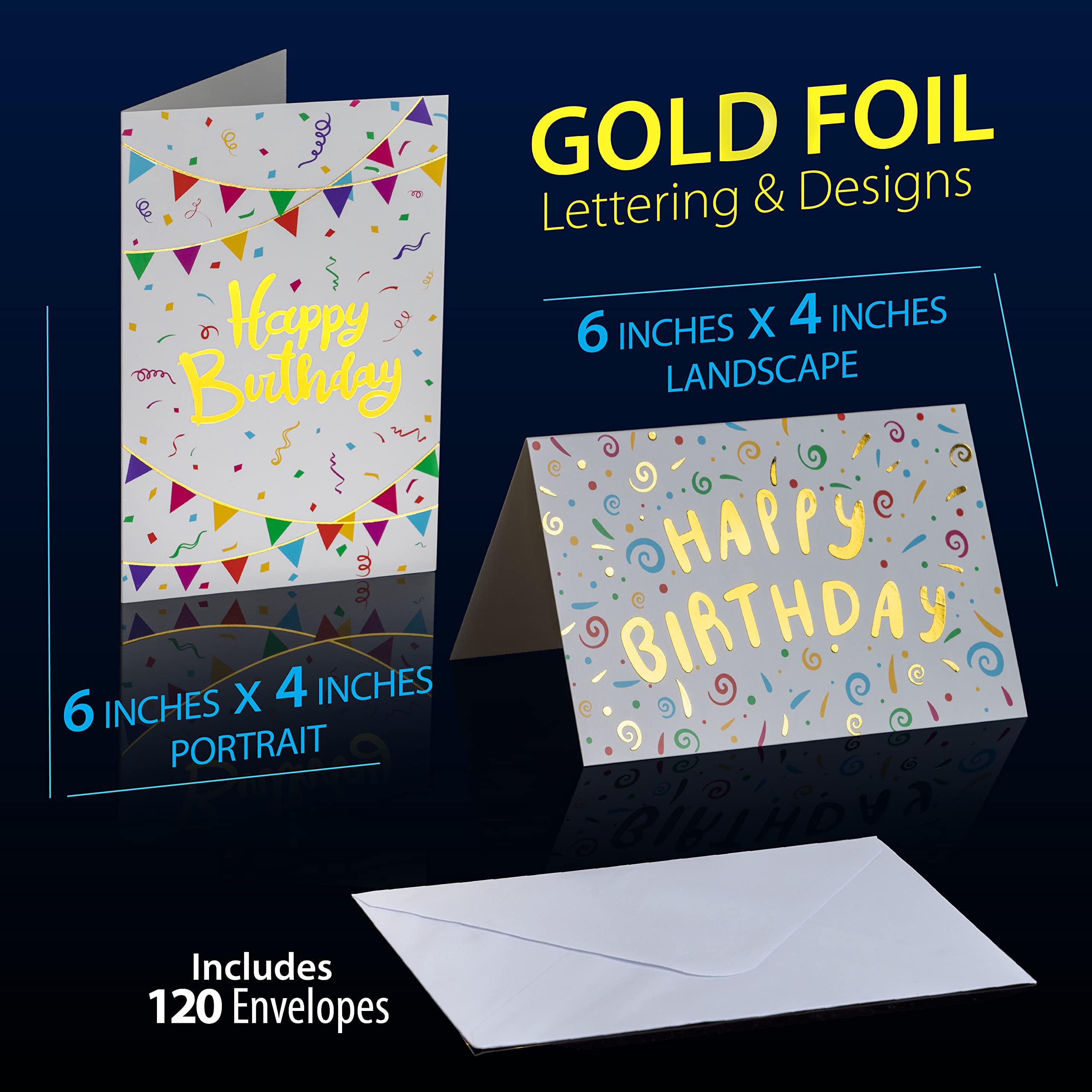 120 Pack Assorted Gold Foil Happy Birthday Cards with Envelopes, Organizer Box, Stickers, and Seals - 4x6 Inches, 8 Unique Designs, Ideal for Kids, Men, Women, and Elderly