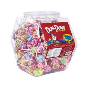 dum dum lollipops bulk variety | 200 individually wrapped suckers candies | assorted flavors of original pops in reusable plastic tub