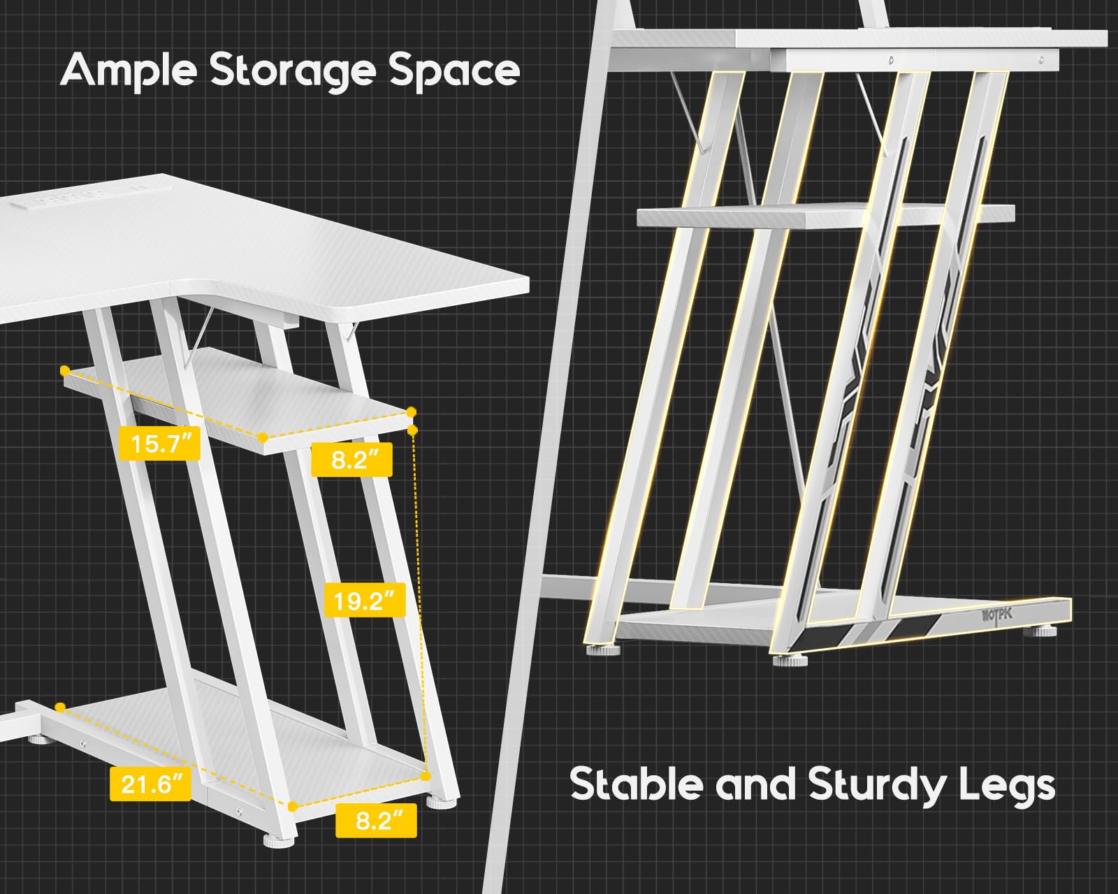 MOTPK White Gaming Desk L Shaped with LED Lights, Small Corner Computer Desk 39inch with Power Outlets, Gaming Table with PC Storage Shelf, Gamer Desk with Monitor Shelf, Carbon Fiber Texture