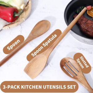 Delicate Wooden Utensils For Cooking, Set of 3, Wood Kitchen Utensils Cooking Tools, 12 Inch Acacia Wooden Spoons Spatula Set, Cooking Gadgets Safe For Nonstick Cookware, Easy To Use