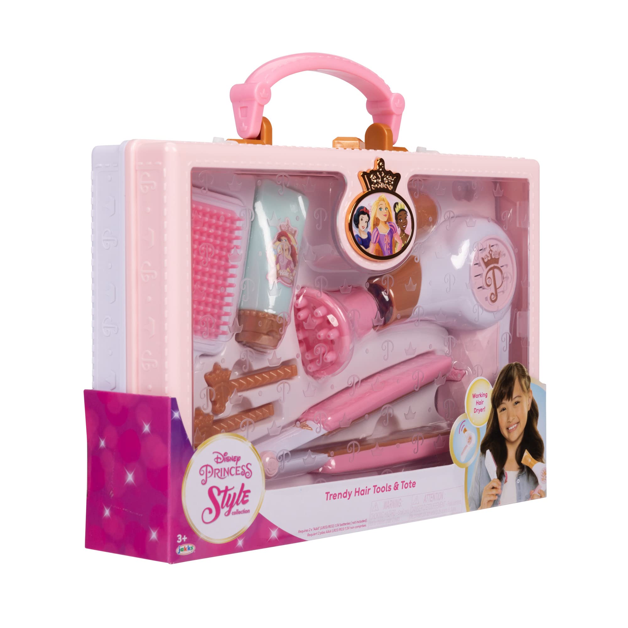 Disney Princess Style Collection Girls Trendy Hair Pretend Play Styling Tools with Sound & Storage Tote for On-the-Go!