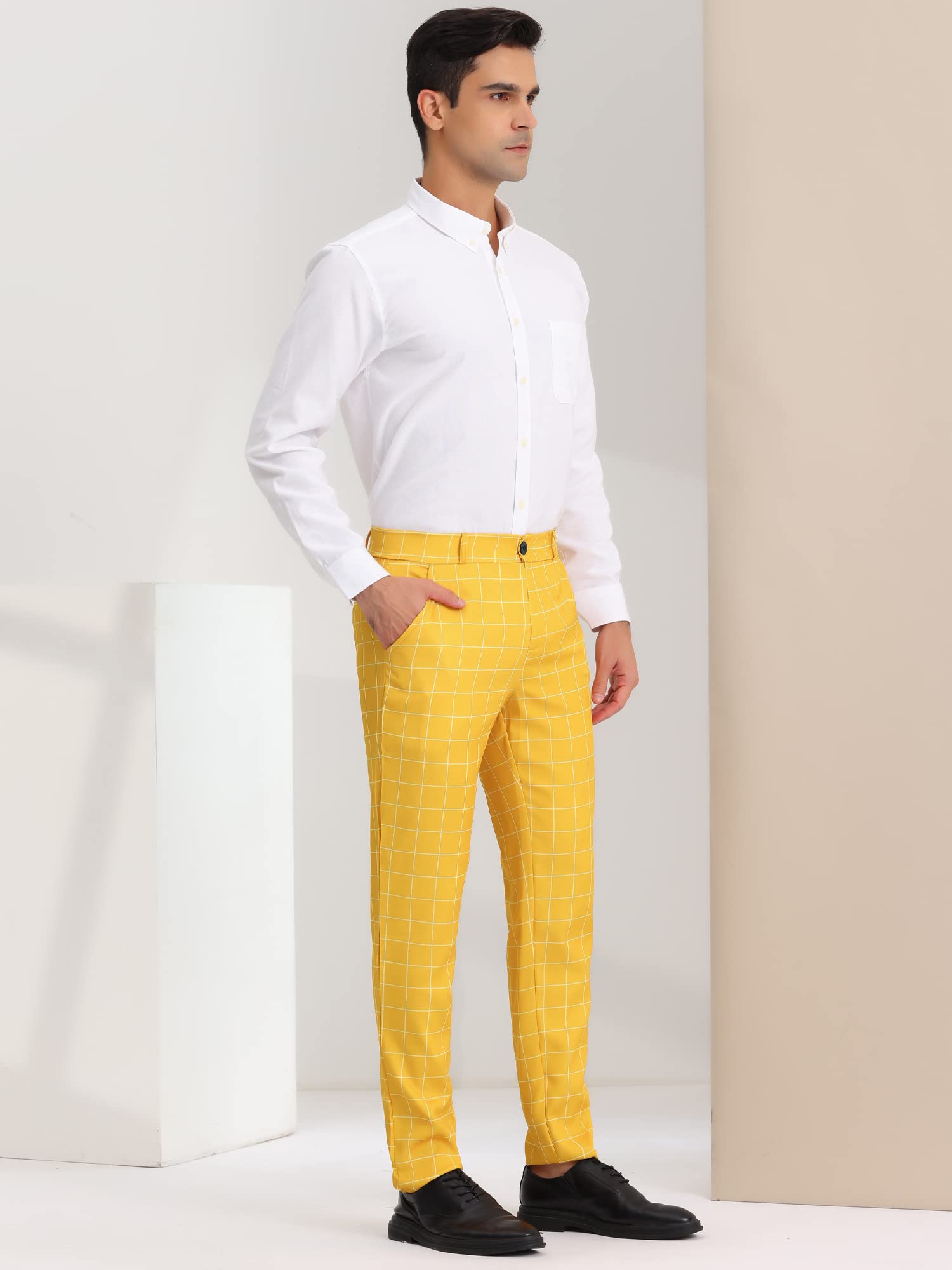 Lars Amadeus Men's Yellow Dress Plaid Pants Flat Front Printed Business Check Trousers 28 Yellow