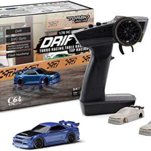 FLYCOLOR Turbo Racing 1:76 Scale Drift RC Car with Gyro Mini Full Proportional RTR 2.4GHZ Remote Control with 2 Replaceable Body Shell (C64-BLUE)