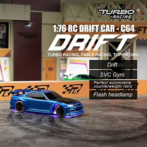 FLYCOLOR Turbo Racing 1:76 Scale Drift RC Car with Gyro Mini Full Proportional RTR 2.4GHZ Remote Control with 2 Replaceable Body Shell (C64-BLUE)