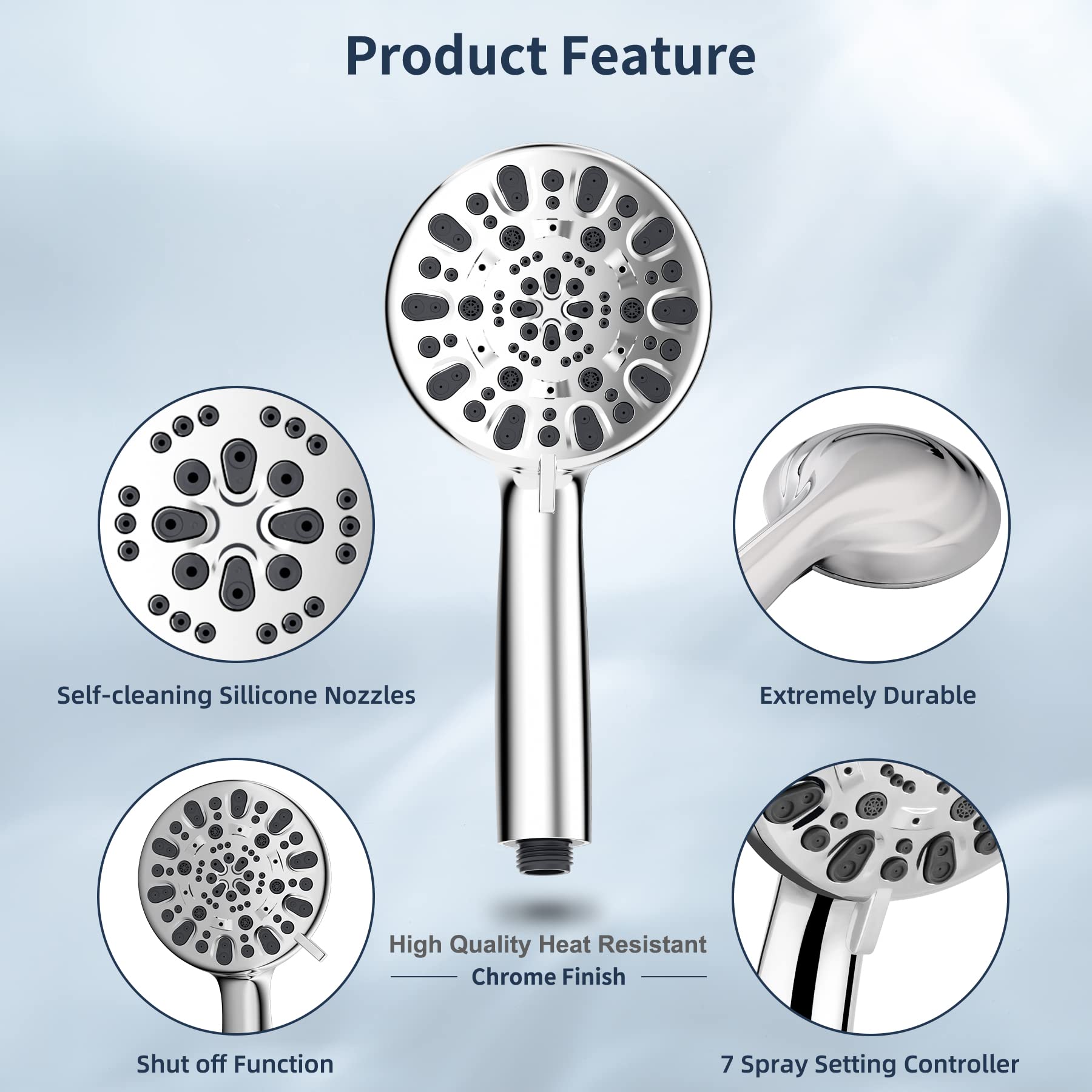 Hibbent 12 Inch Thickness Metal Rainfall Shower Head/Handheld Showerhead Combo with 12 Inch Adjustable Curved Shower Extension Arm, 7-Spray, 71 Inch Hose, Adhesive Showerhead Holder, Chrome