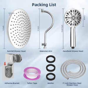 Hibbent 12 Inch Thickness Metal Rainfall Shower Head/Handheld Showerhead Combo with 12 Inch Adjustable Curved Shower Extension Arm, 7-Spray, 71 Inch Hose, Adhesive Showerhead Holder, Chrome