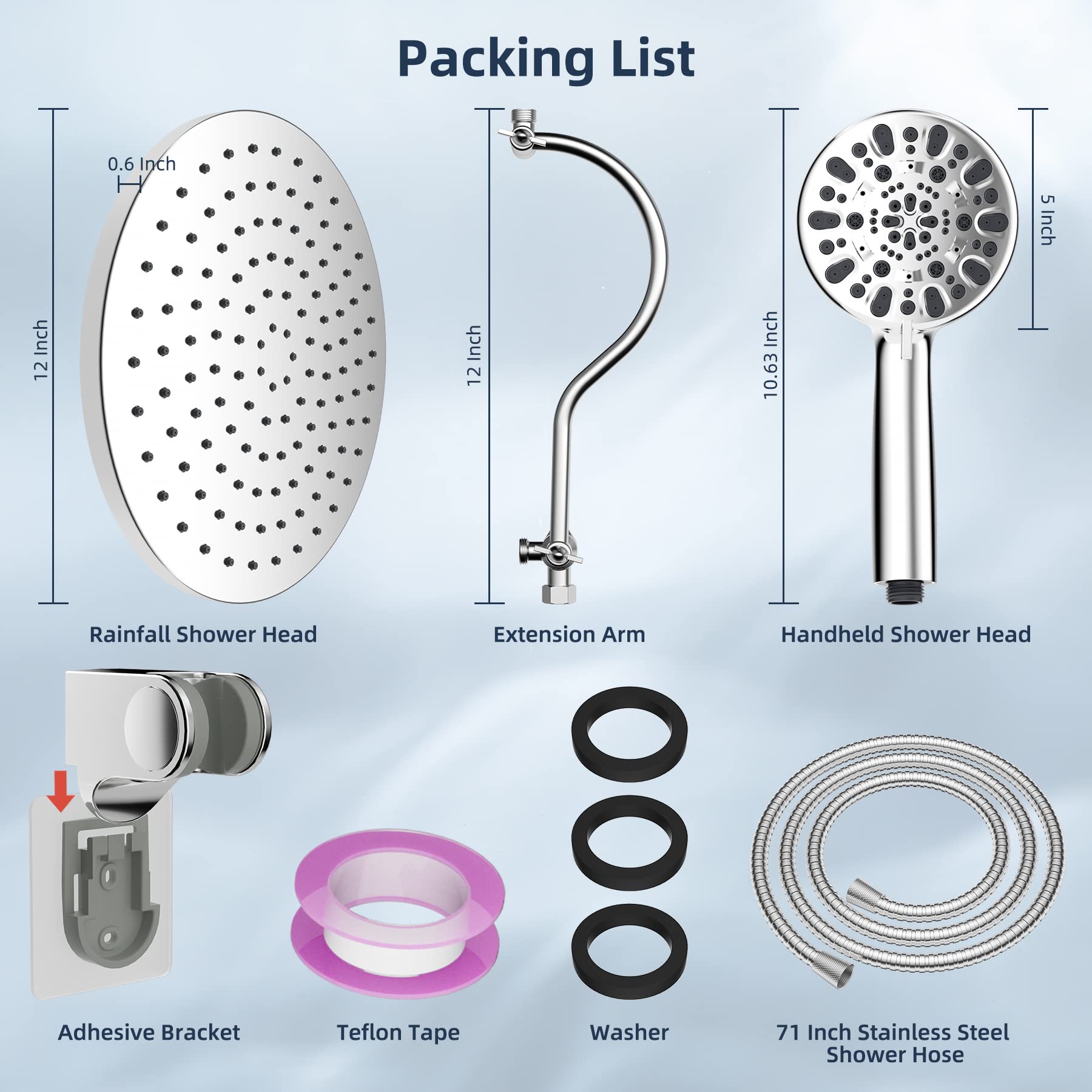 Hibbent 12 Inch Thickness Metal Rainfall Shower Head/Handheld Showerhead Combo with 12 Inch Adjustable Curved Shower Extension Arm, 7-Spray, 71 Inch Hose, Adhesive Showerhead Holder, Chrome