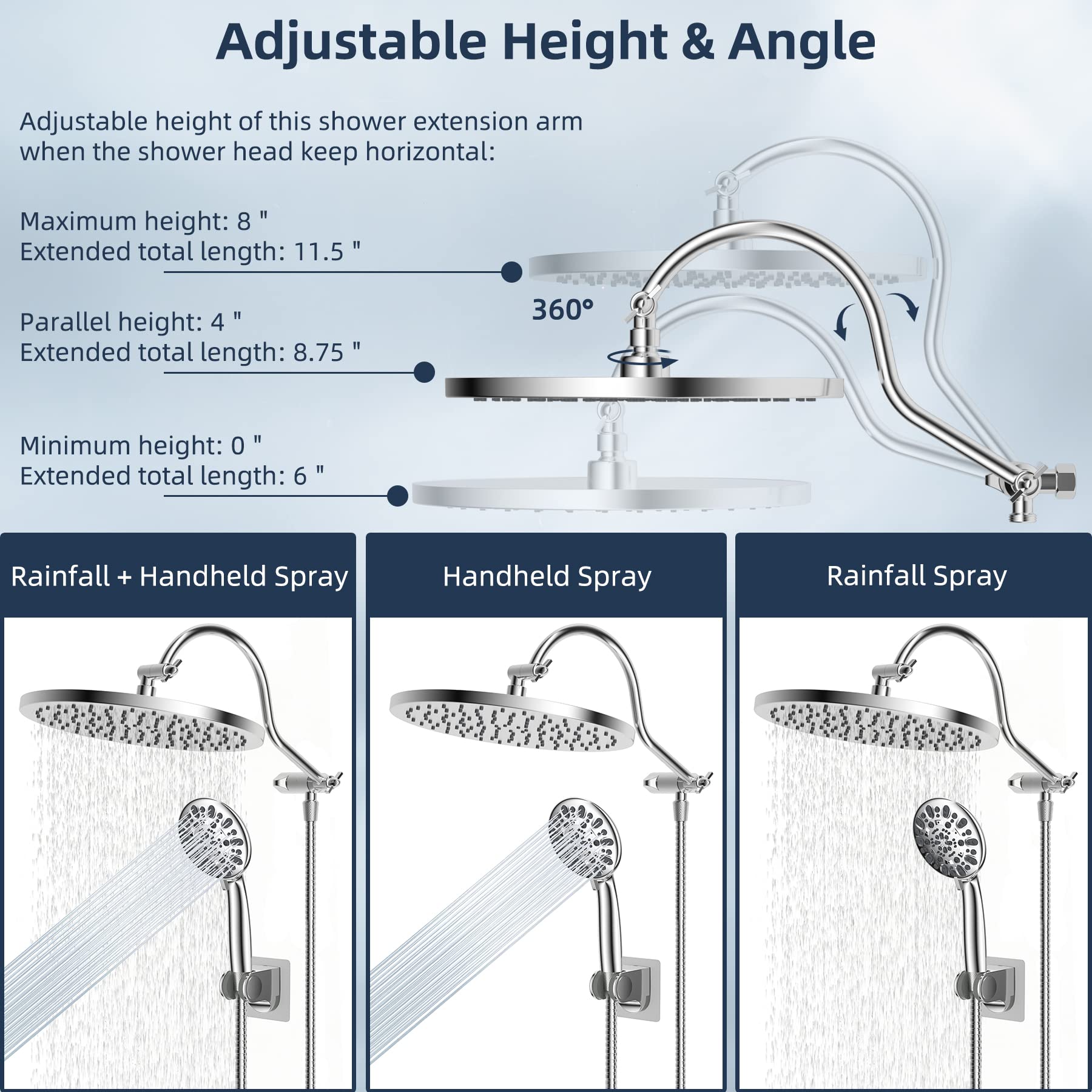 Hibbent 12 Inch Thickness Metal Rainfall Shower Head/Handheld Showerhead Combo with 12 Inch Adjustable Curved Shower Extension Arm, 7-Spray, 71 Inch Hose, Adhesive Showerhead Holder, Chrome