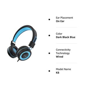 NIVAVA Kids Headphones, K8 Wired Headphones for Kids with Adjustable Headband, 3.5 MM Jack for School, Foldable On-Ear Headset for Girls Boys Kindle Tablet Cellphones Airplane Travel(Blue)