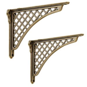 2 Pack Heavy Duty Cast Iron Victorian Shelf Bracket, 7.8 Inches Antique Brass Baroque L-Shaped Shelf Brackets, DIY Projects, Hardware Included