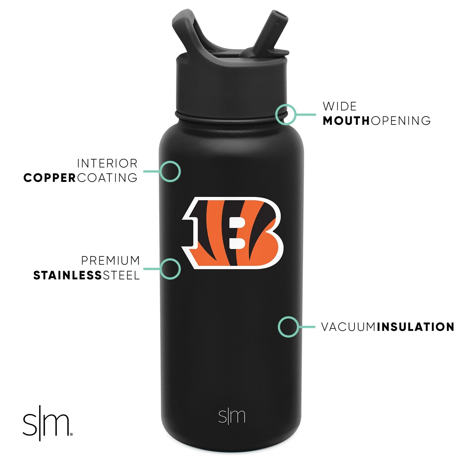 Simple Modern Officially Licensed NFL Cincinnati Bengals Water Bottle with Straw Lid | Vacuum Insulated Stainless Steel 32oz Thermos | Summit Collection