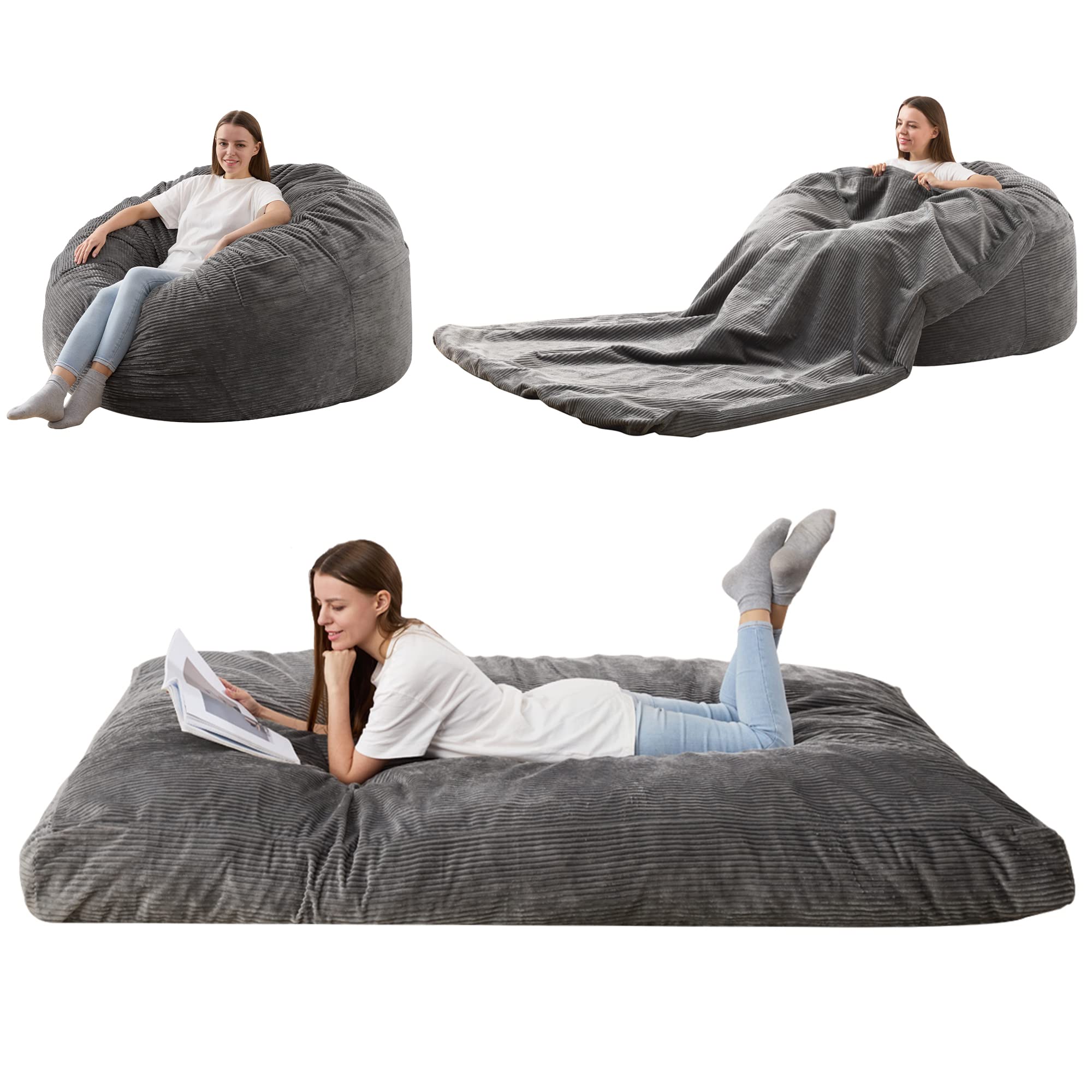 HABUTWAY Bean Bag Chair, Giant Bean Bag Chair with Washable Corduroy Cover Ultra Soft, Convertible Bean Bag from Chair to Mattress, Huge Cordoroys Bean Bags for Adult, Couples, Family- Grey Full