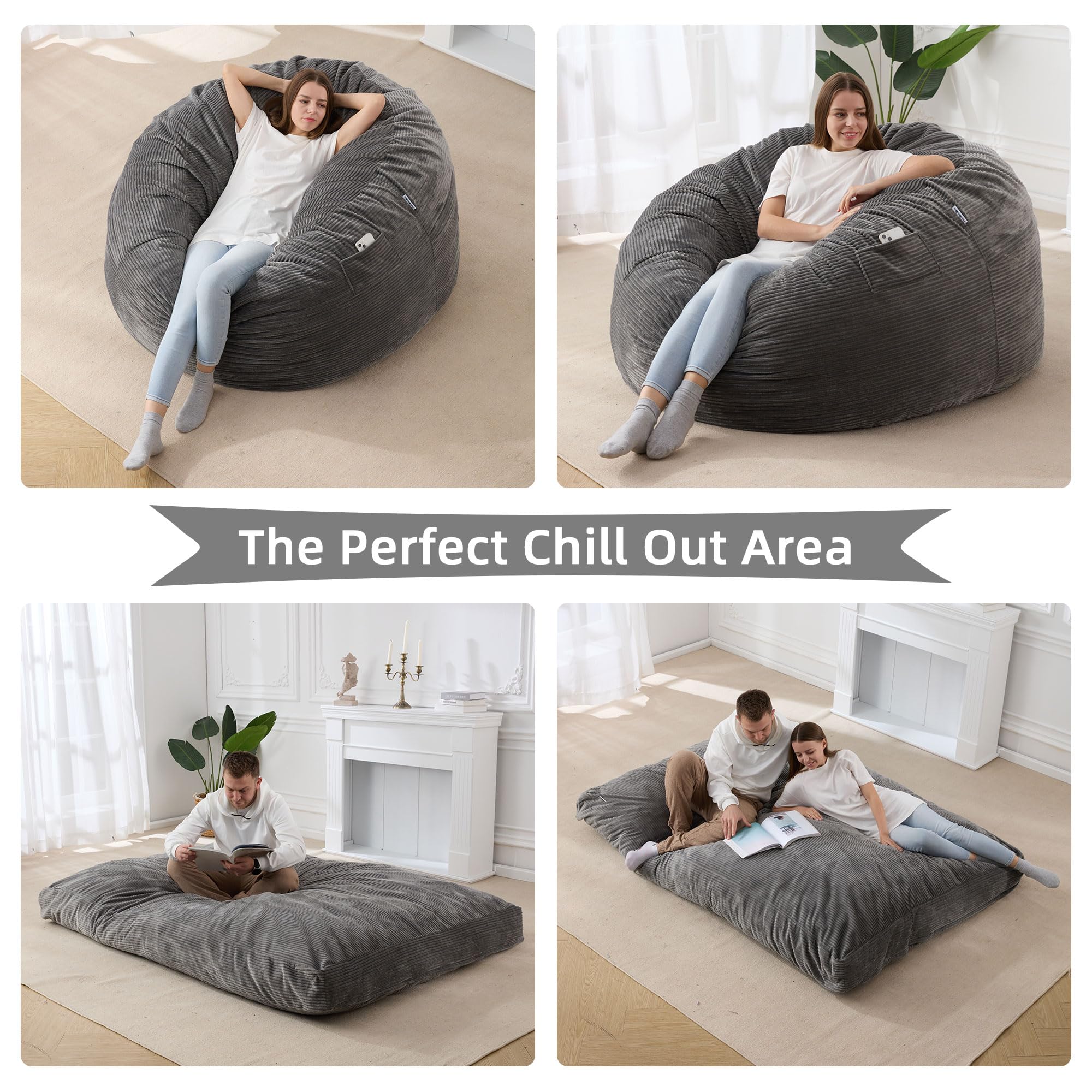 HABUTWAY Bean Bag Chair, Giant Bean Bag Chair with Washable Corduroy Cover Ultra Soft, Convertible Bean Bag from Chair to Mattress, Huge Cordoroys Bean Bags for Adult, Couples, Family- Grey Full