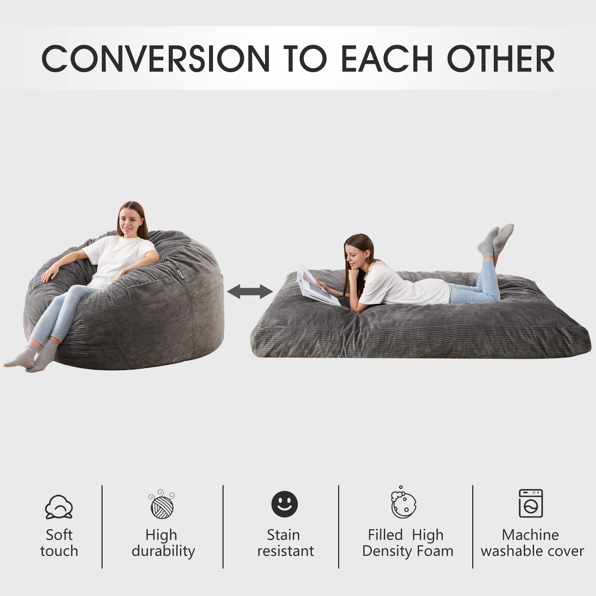 HABUTWAY Bean Bag Chair, Giant Bean Bag Chair with Washable Corduroy Cover Ultra Soft, Convertible Bean Bag from Chair to Mattress, Huge Cordoroys Bean Bags for Adult, Couples, Family- Grey Full