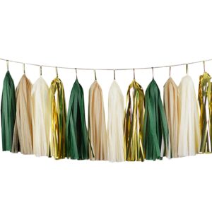 shiny tassel garland tissue paper tassel banner,table decor,tassels party decorations supplies for wedding,birthday,bridal/baby shower,diy kits,pack of 20 - (green/beige/gold/khaki)