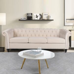 phoyal large sofa, velvet sofa three-seat sofa classic tufted chesterfield settee sofa modern 3 seater couch furniture tufted back for living room (beige)