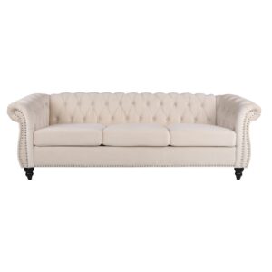 PHOYAL Large Sofa, Velvet Sofa Three-seat Sofa Classic Tufted Chesterfield Settee Sofa Modern 3 Seater Couch Furniture Tufted Back for Living Room (Beige)