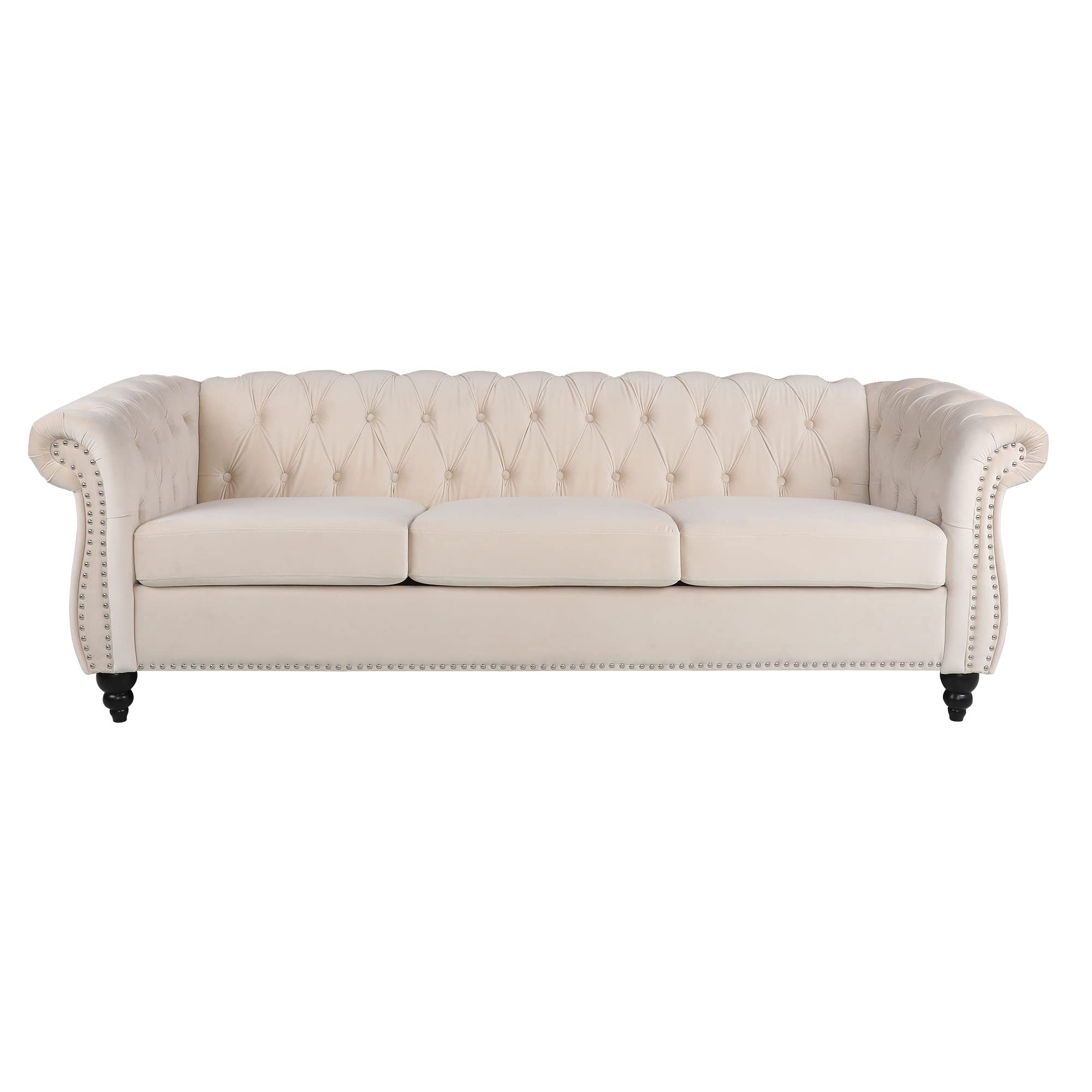 PHOYAL Large Sofa, Velvet Sofa Three-seat Sofa Classic Tufted Chesterfield Settee Sofa Modern 3 Seater Couch Furniture Tufted Back for Living Room (Beige)