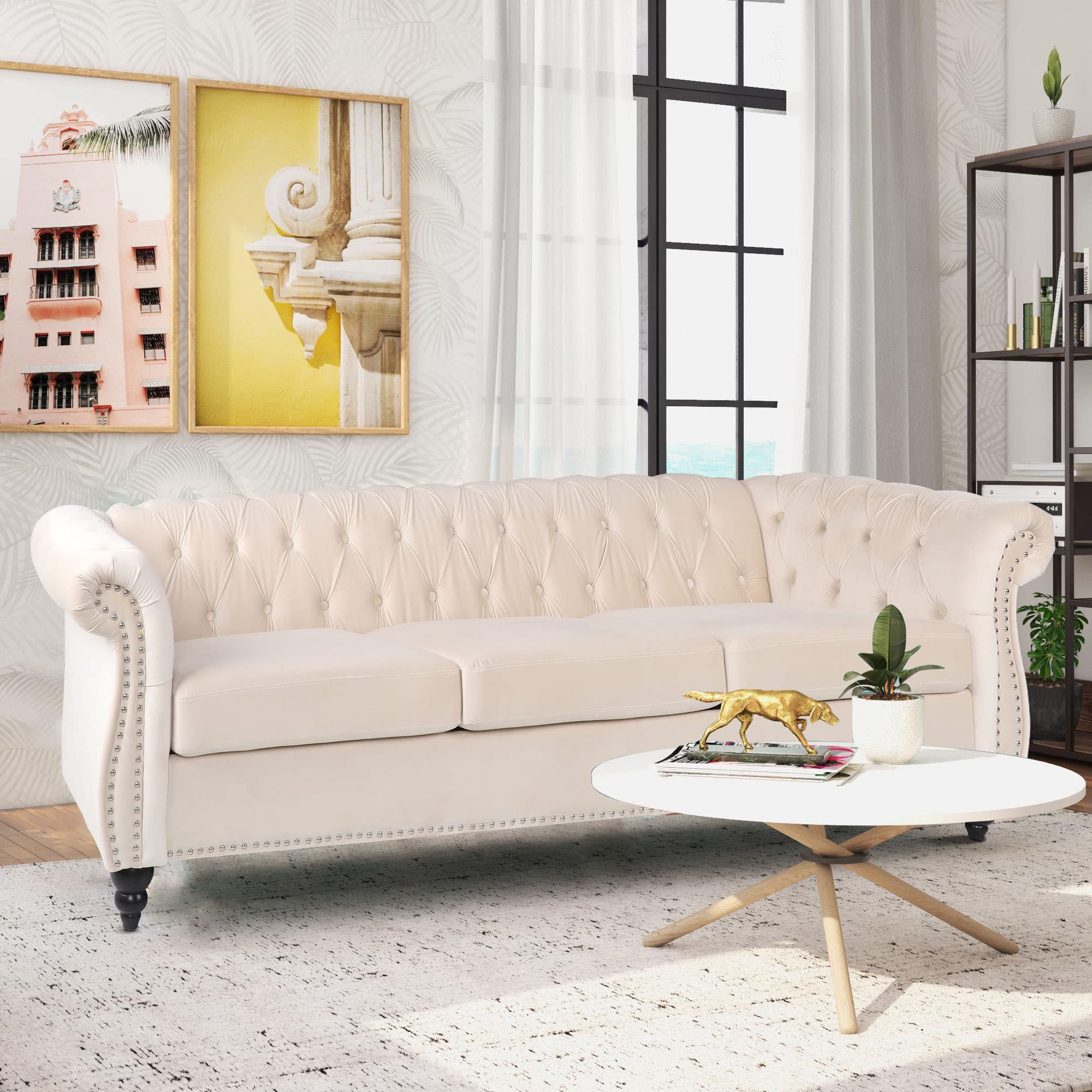 PHOYAL Large Sofa, Velvet Sofa Three-seat Sofa Classic Tufted Chesterfield Settee Sofa Modern 3 Seater Couch Furniture Tufted Back for Living Room (Beige)