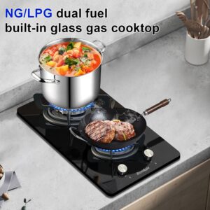 Cooksir 12 inch Gas Stove, 2 Burners Propane Cooktop Bulit-in, Indoor Gas Cooktop Suitable for Dual Fuel LPG/NG, Tempered Glass Gas Stove Top for Kitchen, Apartment, Indoor, 110-120V Plug in