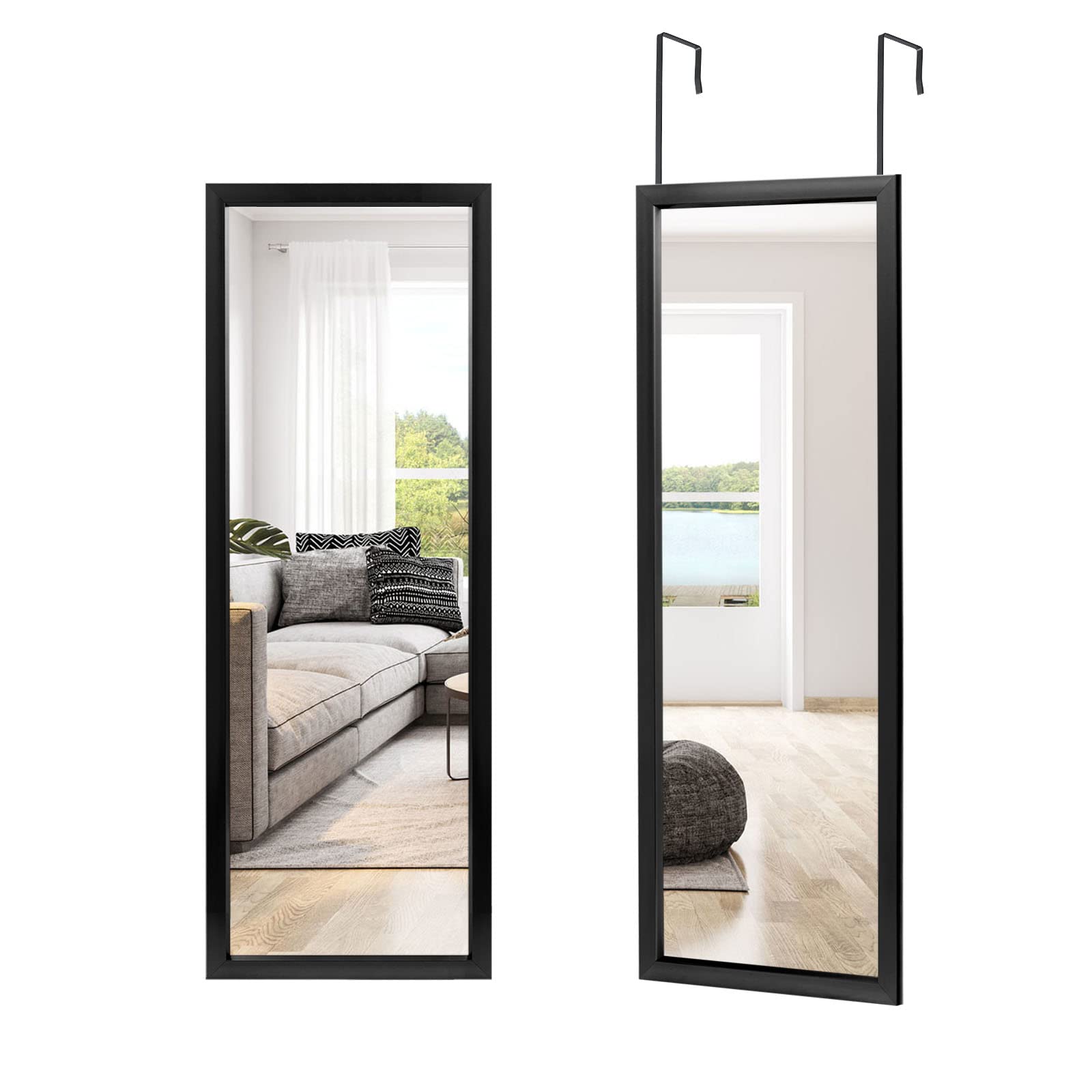 NeuType Full Length Mirror Hanging Over The Door or Leaning Against/ Mounted On Wall, 43"x16", Black, No Stand