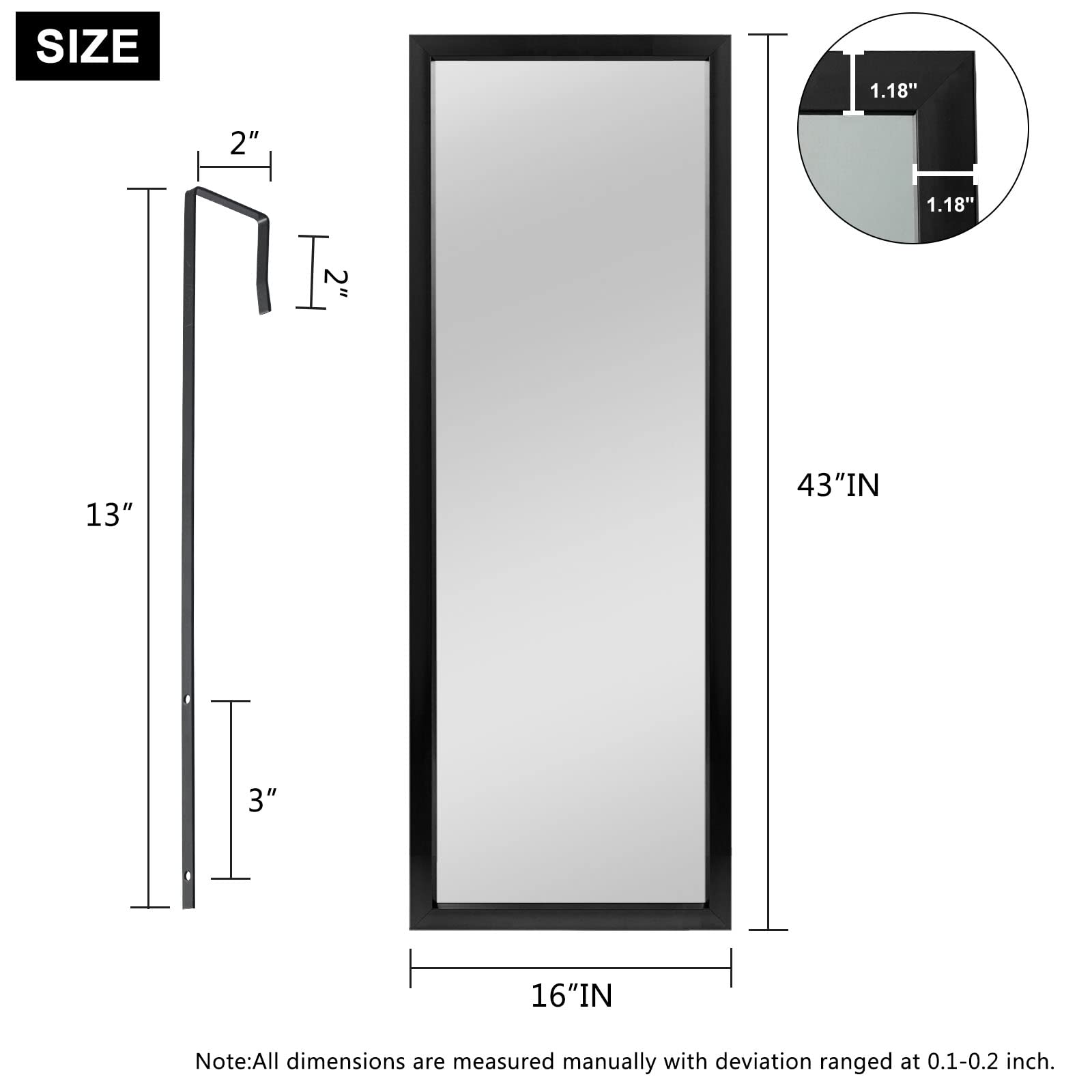 NeuType Full Length Mirror Hanging Over The Door or Leaning Against/ Mounted On Wall, 43"x16", Black, No Stand