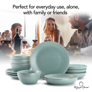 Riverside 12-Piece Dinnerware Set for 4 - Hand Crafted Plates and Bowls Dish Set, Ceramic Stoneware Dinner Set, Microwave & Dishwasher Safe Dishware - California Teal