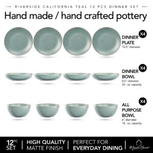 Riverside 12-Piece Dinnerware Set for 4 - Hand Crafted Plates and Bowls Dish Set, Ceramic Stoneware Dinner Set, Microwave & Dishwasher Safe Dishware - California Teal