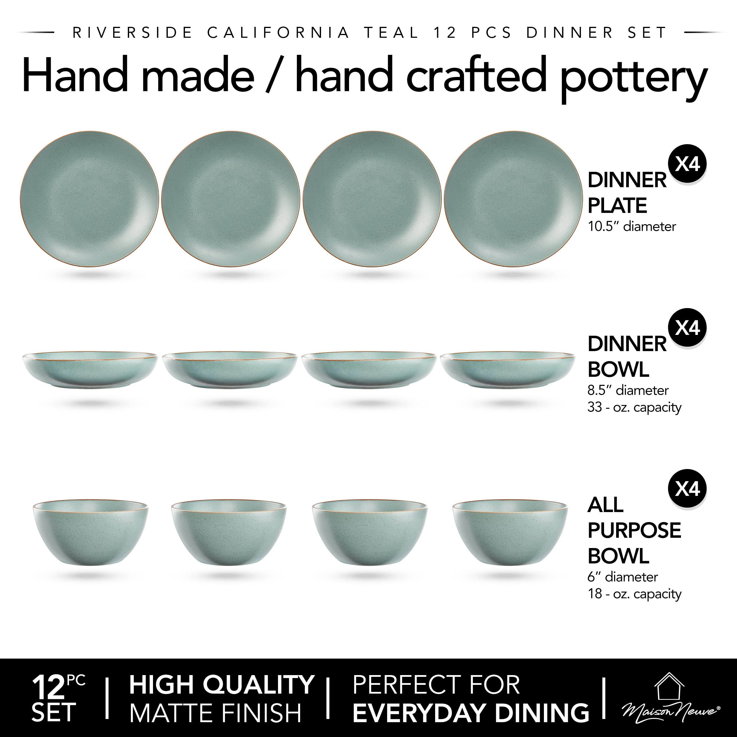 Riverside 12-Piece Dinnerware Set for 4 - Hand Crafted Plates and Bowls Dish Set, Ceramic Stoneware Dinner Set, Microwave & Dishwasher Safe Dishware - California Teal