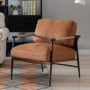 LukeAlon Mid Century PU Leather Accent Chair, Ultra Soft Living Room Chair with Metal Legs Modern Armchair Upholstered Comfy Seating for Bedroom Reception Area Reading Room, Browm